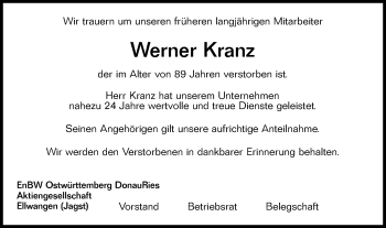 Traueranzeige von Werner Kranz von Hohenloher Tagblatt