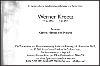 Traueranzeige von Werner Kreetz von Rundschau Gaildorf