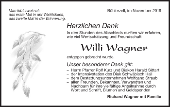 Traueranzeige von Willi Wagner von Haller Tagblatt