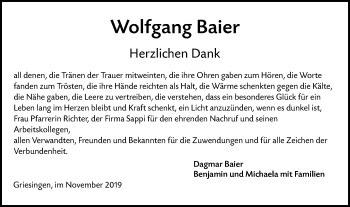 Traueranzeige von Wolfgang Baier von Ehinger Tagblatt