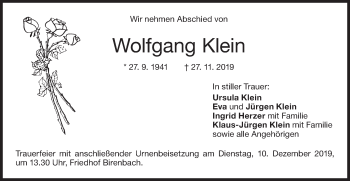 Traueranzeige von Wolfgang Klein von NWZ Neue Württembergische Zeitung