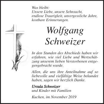 Traueranzeige von Wolfgang Schweizer von Geislinger Zeitung