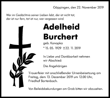 Traueranzeige von Adelheid Burchert von NWZ Neue Württembergische Zeitung