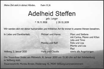 Traueranzeige von Adelheid Steffen von Haller Tagblatt