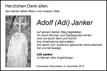 Traueranzeige von Adolf  Janker von Alb-Bote/Metzinger-Uracher Volksblatt