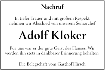 Traueranzeige von Adolf Kloker von Alb-Bote/Metzinger-Uracher Volksblatt