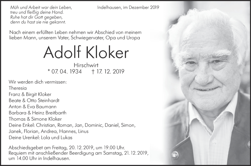  Traueranzeige für Adolf Kloker vom 19.12.2019 aus Alb-Bote/Metzinger-Uracher Volksblatt