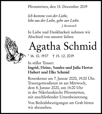 Traueranzeige von Agathe Schmid von Alb-Bote/Metzinger-Uracher Volksblatt