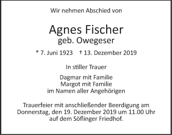 Traueranzeige von Agnes Fischer von SÜDWEST PRESSE Ausgabe Ulm/Neu-Ulm