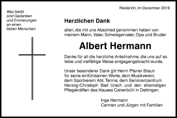 Traueranzeige von Albert Hermann von Metzinger-Uracher Volksblatt