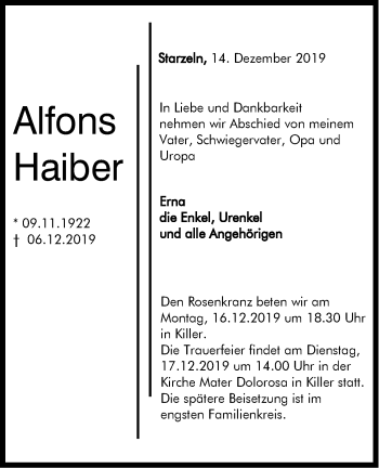 Traueranzeige von Alfons Haiber von Hohenzollerische Zeitung