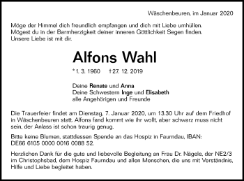 Traueranzeige von Alfons Wahl von NWZ Neue Württembergische Zeitung