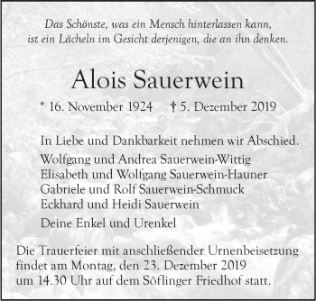 Traueranzeige von Alois Sauerwein von SÜDWEST PRESSE Ausgabe Ulm/Neu-Ulm