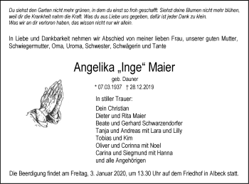 Traueranzeige von Angelika Maier von SÜDWEST PRESSE Ausgabe Ulm/Neu-Ulm