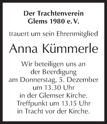 Traueranzeige von Anna Kümmerle von Metzinger-Uracher Volksblatt