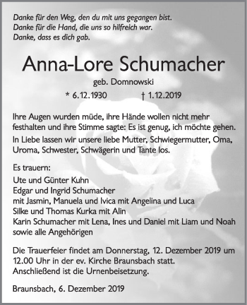 Traueranzeige von Anna-Lore Schumacher von Haller Tagblatt