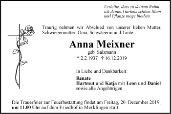 Traueranzeige von Anna Meixner von SÜDWEST PRESSE Ausgabe Ulm/Neu-Ulm