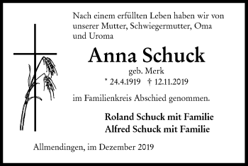 Traueranzeige von Anna Schuck von Ehinger Tagblatt