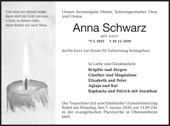 Traueranzeige von Anna Schwarz von Haller Tagblatt