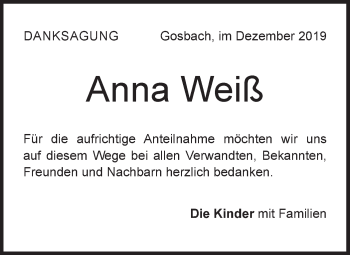 Traueranzeige von Anna Weiß von Geislinger Zeitung