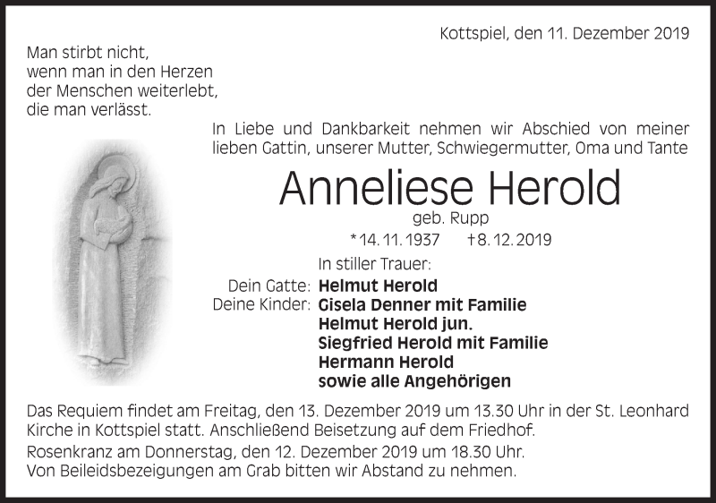  Traueranzeige für Anneliese Herold vom 11.12.2019 aus Haller Tagblatt