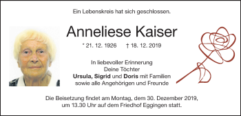 Traueranzeige von Anneliese Kaiser von SÜDWEST PRESSE Ausgabe Ulm/Neu-Ulm