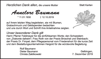 Traueranzeige von Annelore Baumann von Haller Tagblatt