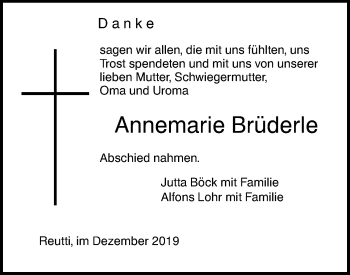 Traueranzeige von Annemarie Brüderle von SÜDWEST PRESSE Ausgabe Ulm/Neu-Ulm