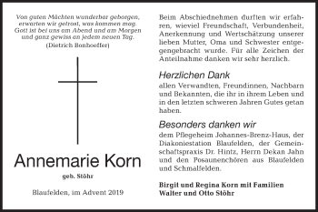 Traueranzeige von Annemarie Korn von Hohenloher Tagblatt