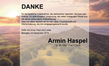 Traueranzeige von Armin Haspel von Hohenzollerische Zeitung