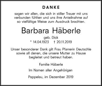 Traueranzeige von Barbara Häberle von SÜDWEST PRESSE