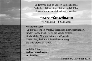 Traueranzeige von Beate Hanselmann von Hohenloher Tagblatt