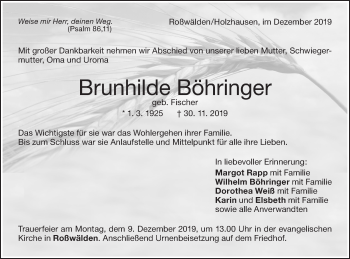 Traueranzeige von Brunhilde Böhringer von NWZ Neue Württembergische Zeitung