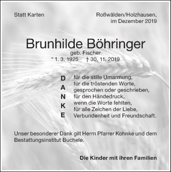 Traueranzeige von Brunhilde Böhringer von NWZ Neue Württembergische Zeitung