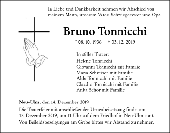 Traueranzeige von Bruno Tonnicchi von SÜDWEST PRESSE Ausgabe Ulm/Neu-Ulm