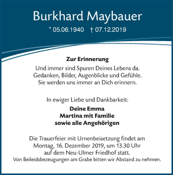 Traueranzeige von Burkhard Maybauer von SÜDWEST PRESSE Ausgabe Ulm/Neu-Ulm