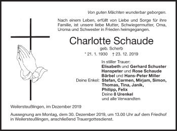 Traueranzeige von Charlotte Schaude von Ehinger Tagblatt