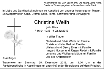 Traueranzeige von Christine Weith von SÜDWEST PRESSE Ausgabe Ulm/Neu-Ulm