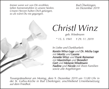 Traueranzeige von Christl Winz von Geislinger Zeitung