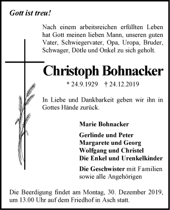 Traueranzeige von Christoph Bohnacker von SÜDWEST PRESSE Ausgabe Ulm/Neu-Ulm