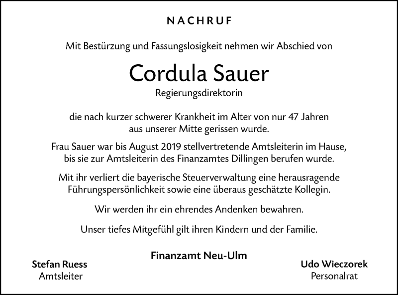  Traueranzeige für Cordula Sauer vom 31.12.2019 aus SÜDWEST PRESSE Ausgabe Ulm/Neu-Ulm