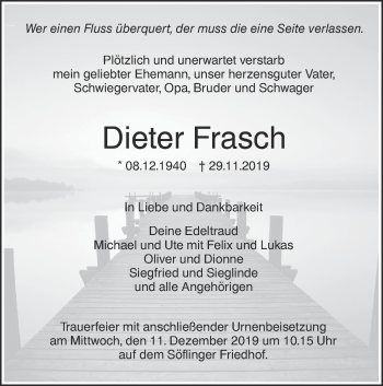 Traueranzeige von Dieter Frasch von SÜDWEST PRESSE Ausgabe Ulm/Neu-Ulm