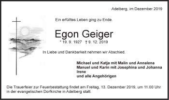 Traueranzeige von Egon Geiger von NWZ Neue Württembergische Zeitung/Geislinger Zeitung