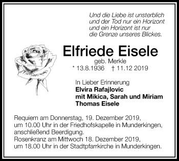 Traueranzeige von Elfriede Eisele von Ehinger Tagblatt