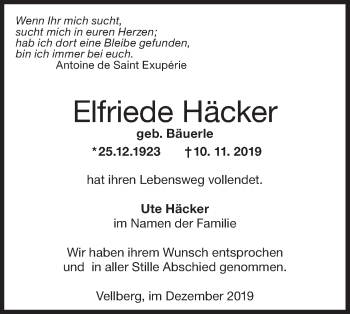 Traueranzeige von Elfriede Häcker Häcker von Haller Tagblatt