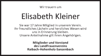 Traueranzeige von Elisabeth Kleiner von Haller Tagblatt