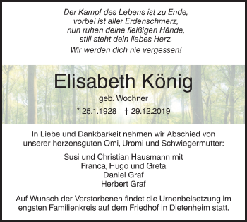 Traueranzeige von Elisabeth König von Illertal Bote