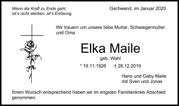 Traueranzeige von Elka Maile von Rundschau Gaildorf