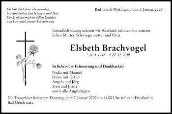 Traueranzeige von Elsbeth Brachvogel von Metzinger-Uracher Volksblatt