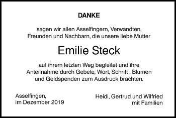 Traueranzeige von Emilie Steck von SÜDWEST PRESSE Ausgabe Ulm/Neu-Ulm